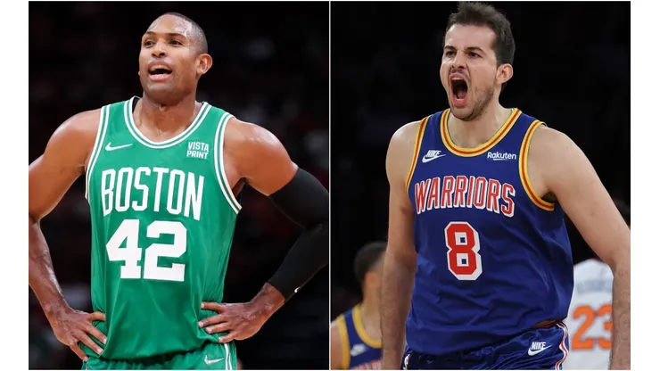 Al Horford of the Boston Celtics (left) and Nemanja Bjelica of the Golden State Warriors (right)