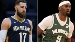 Jonas Valanciunas of the New Orleans Pelicans (left) and Bobby Portis of the Milwaukee Bucks (right)