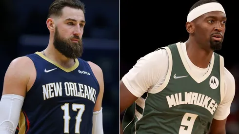 Jonas Valanciunas of the New Orleans Pelicans (left) and Bobby Portis of the Milwaukee Bucks (right)