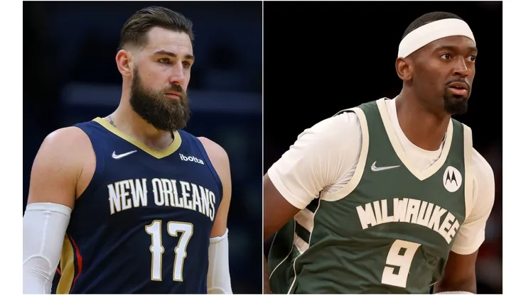 Jonas Valanciunas of the New Orleans Pelicans (left) and Bobby Portis of the Milwaukee Bucks (right)