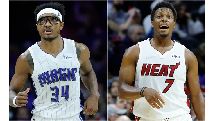 Wendell Carter Jr. of the Orlando Magic (left) and Kyle Lowry of the Miami Heat (right)