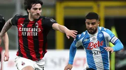 Lorenzo Insigne (R) of SSC Napoli is challenged by Sandro Tonali (L) of AC Milan.