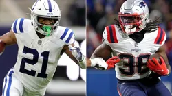 Nyheim Hines of the Indianapolis Colts (left) and Rhamondre Stevenson of the New England Patriots (right)