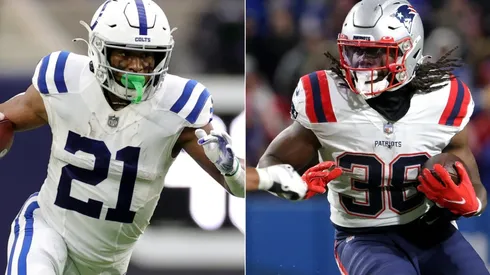 Nyheim Hines of the Indianapolis Colts (left) and Rhamondre Stevenson of the New England Patriots (right)