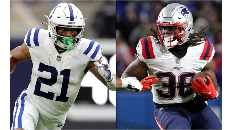 Nyheim Hines of the Indianapolis Colts (left) and Rhamondre Stevenson of the New England Patriots (right)