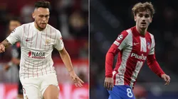 Luis Ocampos of Sevilla (left) and Antoine Griezmann of Atletico Madrid