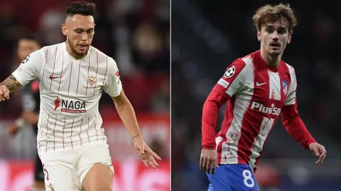 Luis Ocampos of Sevilla (left) and Antoine Griezmann of Atletico Madrid