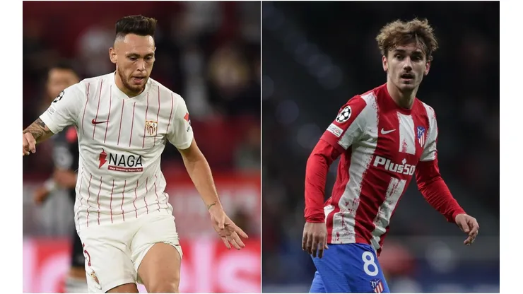 Luis Ocampos of Sevilla (left) and Antoine Griezmann of Atletico Madrid