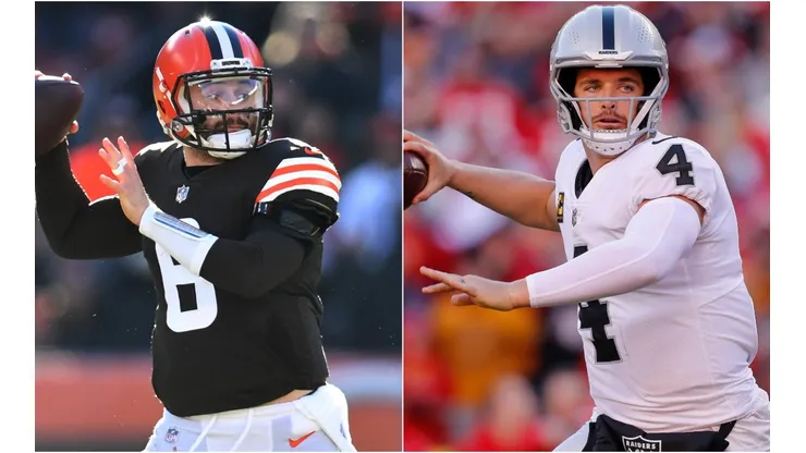 Baker Mayfield of the Cleveland Browns (left) and Derek Carr of the Las Vegas Raiders (right)