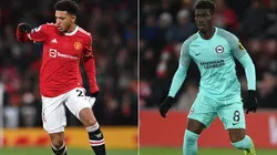 Jadon Sancho of Manchester United (left) and Yves Bissouma of Brighton & Hove Albion