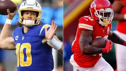 Justin Herbert of the Los Angeles Chargers (left) and Derrick Gore of the Kansas City Chiefs (right)