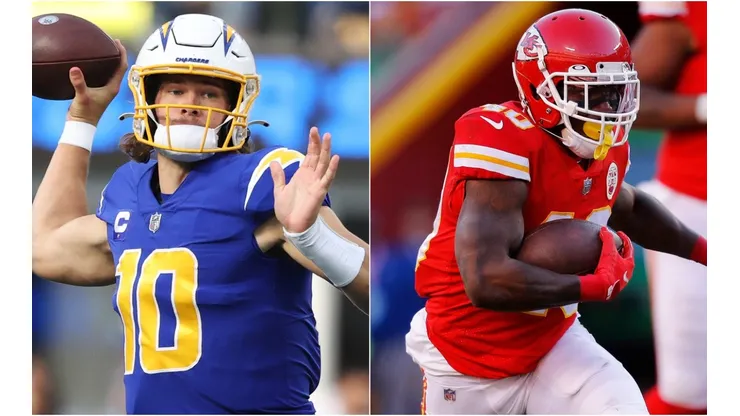 Justin Herbert of the Los Angeles Chargers (left) and Derrick Gore of the Kansas City Chiefs (right)