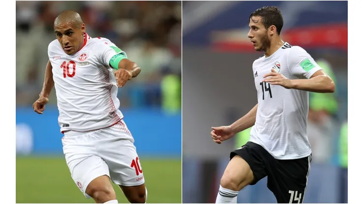 Wahbi Khazri of Tunisia (left) and Ramadan Sobhy of Egypt