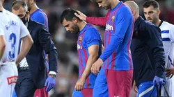 Sergio Aguero of Barcelona looks dejected as he leaves the pitch