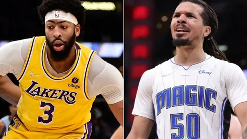 Anthony Davis of the Los Angeles Lakers (left) and Cole Anthony of the Orlando Magic (right)