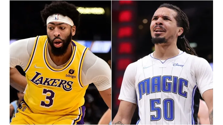 Anthony Davis of the Los Angeles Lakers (left) and Cole Anthony of the Orlando Magic (right)