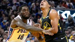 Shake Milton of Warriors (left) and Jordan Poole of 76ers