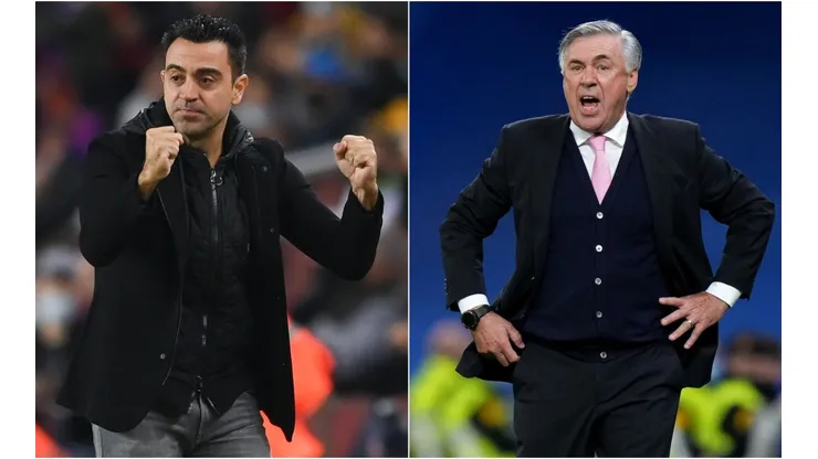 Xavi Hernandez, Barcelona's coach (left) and Carlo Ancelotti of Real Madrid