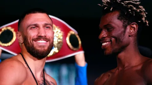 asiliy Lomachenko faces off against Richard Commey during the official weigh