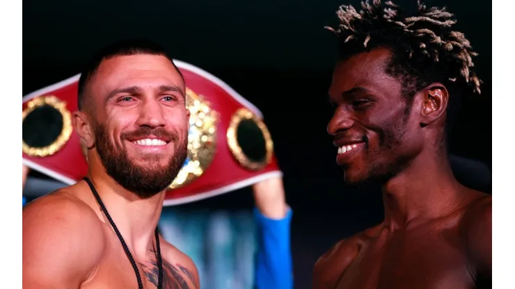 asiliy Lomachenko faces off against Richard Commey during the official weigh