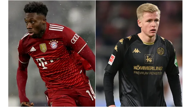 Alphonso Davies of Bayern (left) and Jonathan Burkardt of Mainz (right)