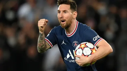 Lionel Messi of PSG celebrates after scoring a goal.