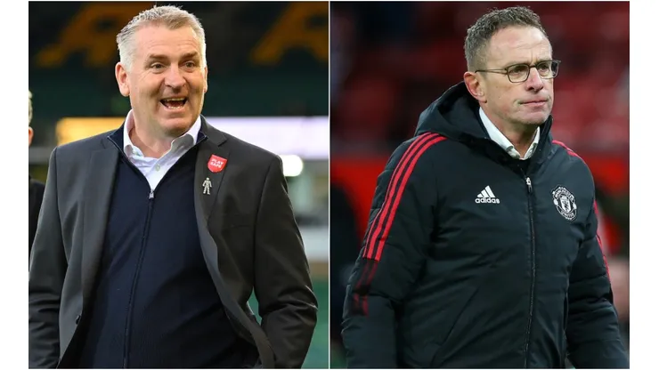 Dean Smith of Norwich (left) and Ralf Rangnick of Manchester United (right)