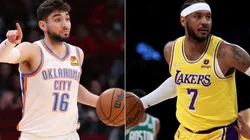 Ty Jerome of the Oklahoma City Thunder (left) and Carmelo Anthony of the Los Angeles Lakers (right)