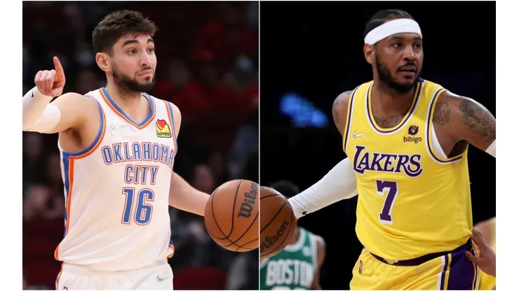 Ty Jerome of the Oklahoma City Thunder (left) and Carmelo Anthony of the Los Angeles Lakers (right)