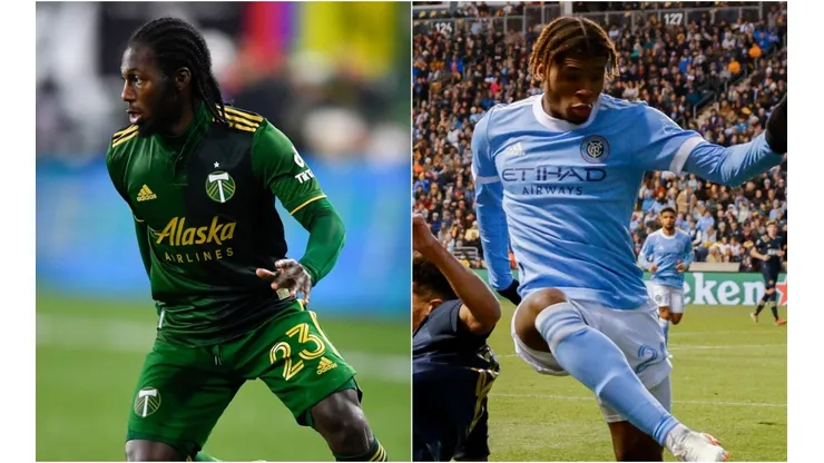 Yimmi Chara of Portland Timbers (left) and Tayvon Gray of New York City FC