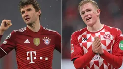 Thomas Müller of Bayern (left) and Jonathan Burkhardt of Mainz (right)