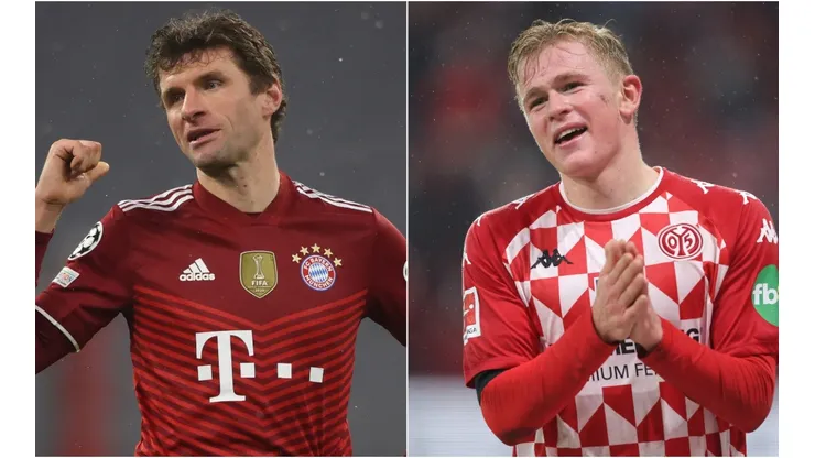 Thomas Müller of Bayern (left) and Jonathan Burkhardt of Mainz (right)
