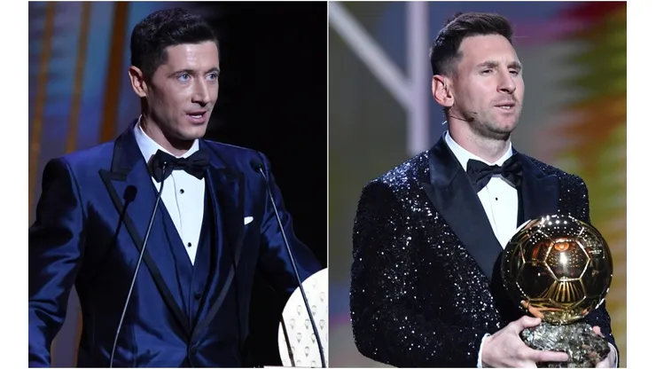 Robert Lewandowski (left) and Lionel Messi in the 2021 Ballon d'Or ceremony.
