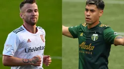 Albert Rusnak of Real Salt Lake (left) and Felipe Mora of Portland Timbers