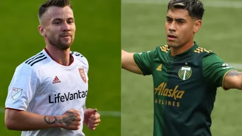 Albert Rusnak of Real Salt Lake (left) and Felipe Mora of Portland Timbers