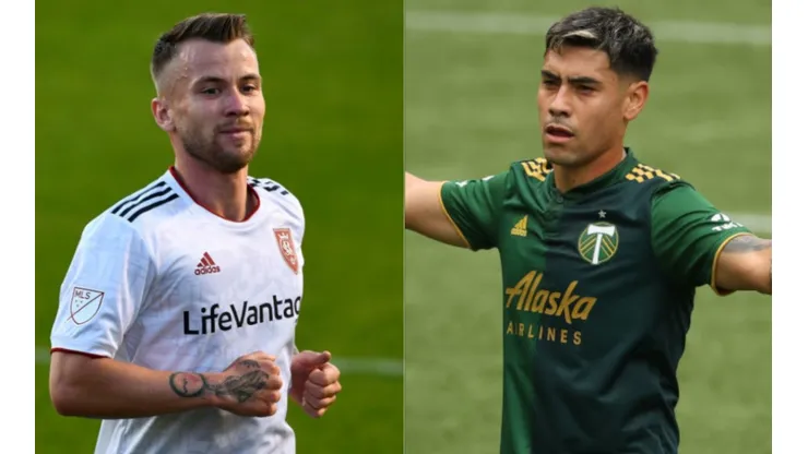 Albert Rusnak of Real Salt Lake (left) and Felipe Mora of Portland Timbers