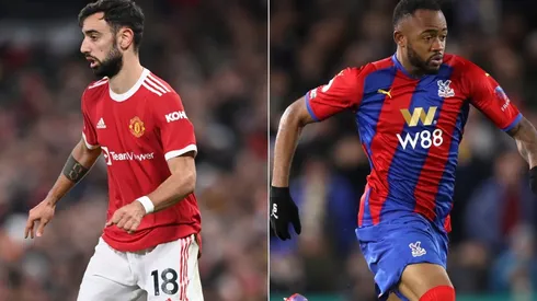 Bruno Fernandes of Manchester United (left) and Jordan Ayew of Crystal Palace