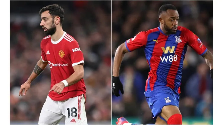 Bruno Fernandes of Manchester United (left) and Jordan Ayew of Crystal Palace