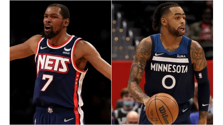 Kevin Durant of the Brooklyn Nets (left) and D'Angelo Russell of the Minnesota Timberwolves (right)