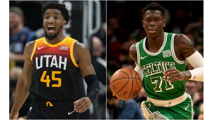 Donovan Mitchell of the Utah Jazz (left) and Dennis Schroder of the Boston Celtics (right)