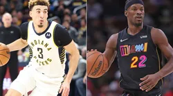 Chris Duarte of the Indiana Pacers (left) and Jimmy Butler of the Miami Heat (right)