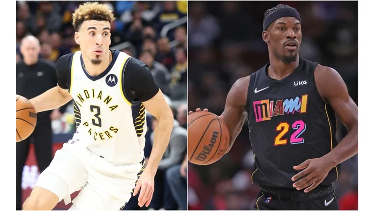 Chris Duarte of the Indiana Pacers (left) and Jimmy Butler of the Miami Heat (right)