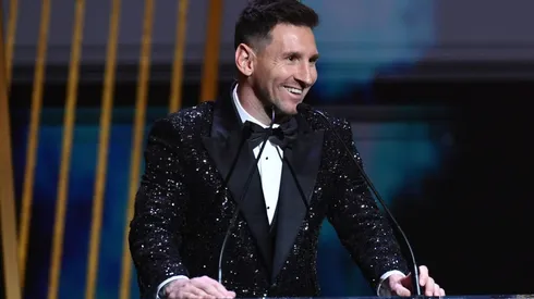 Lionel Messi during the 2021 Ballon d'Or ceremony, where he won the coveted award while Pedri received the Kopa Trophy.