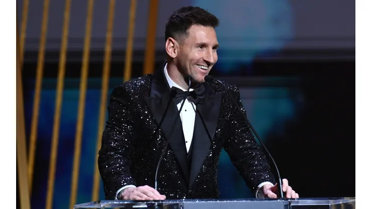 Lionel Messi during the 2021 Ballon d'Or ceremony, where he won the coveted award while Pedri received the Kopa Trophy.
