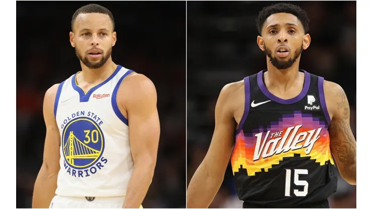 Stephen Curry of the Golden State Warriors (left) and Cameron Payne of the Phoenix Suns (right)