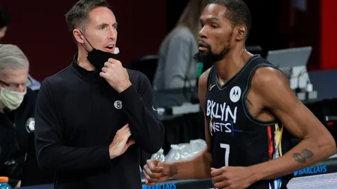 Brooklyn Nets head coach Steve Nash (left) and Kevin Durant.