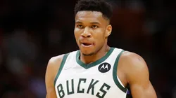Giannis Antetokounmpo in action for the Milwaukee Bucks in the 2021-22 NBA season.