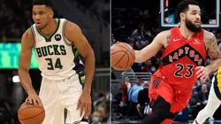 Giannis Antetokounmpo of the Milwaukee Bucks (left) and Fred VanVleet of the Toronto Raptors (right)