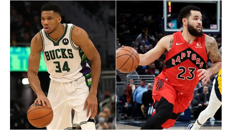 Giannis Antetokounmpo of the Milwaukee Bucks (left) and Fred VanVleet of the Toronto Raptors (right)