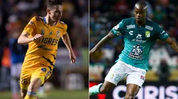 Florian Thauvin #26 of Tigres (left) and Jaine Barreiro #21 of Leon